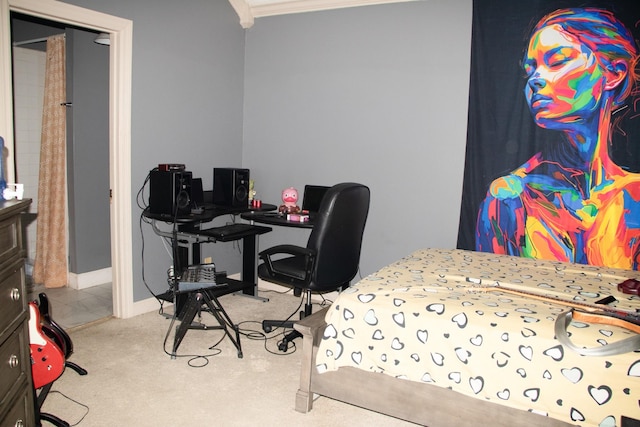 bedroom featuring baseboards, carpet floors, and ornamental molding