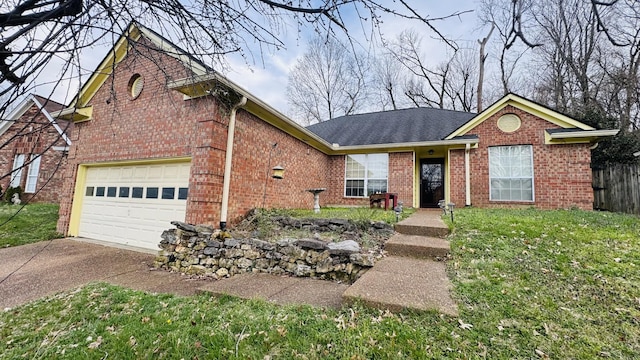 ranch-style home with brick siding, driveway, and fence