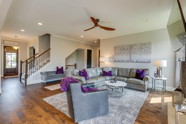 living room featuring baseboards, stairs, recessed lighting, wood finished floors, and a ceiling fan