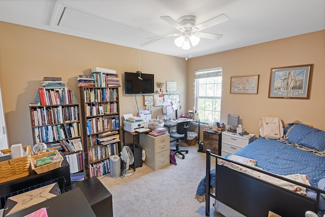 carpeted bedroom with attic access