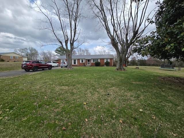 view of front of property with driveway, a front lawn, and a trampoline