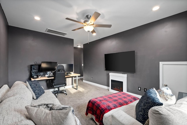 bedroom with visible vents, baseboards, ceiling fan, light colored carpet, and recessed lighting