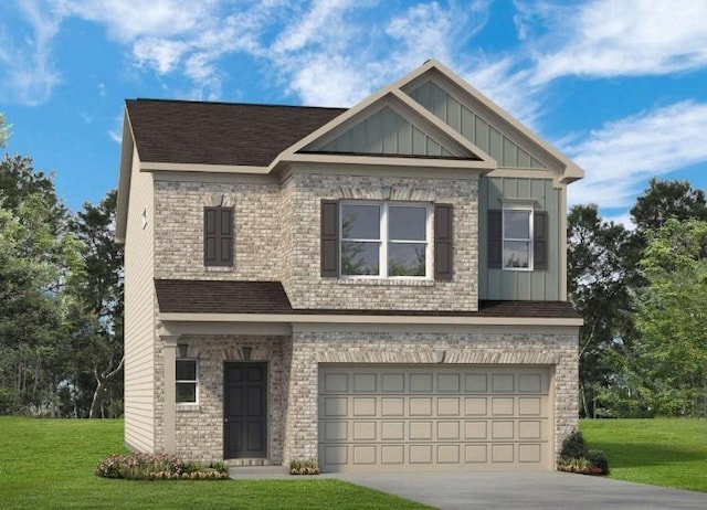 craftsman house featuring a front yard, board and batten siding, concrete driveway, and an attached garage