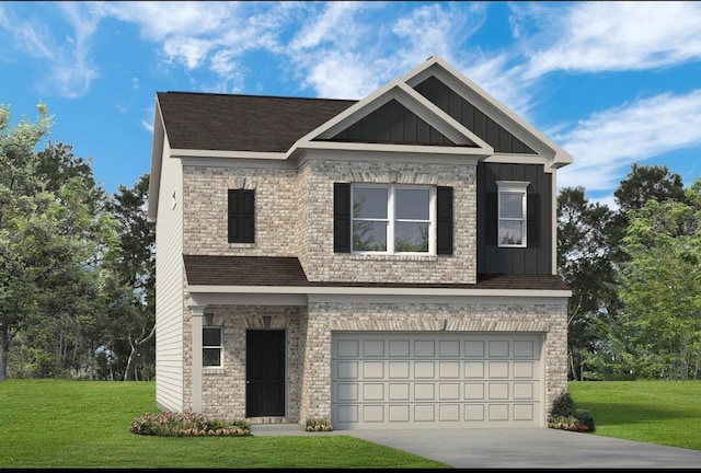 craftsman inspired home with a front yard, an attached garage, and board and batten siding