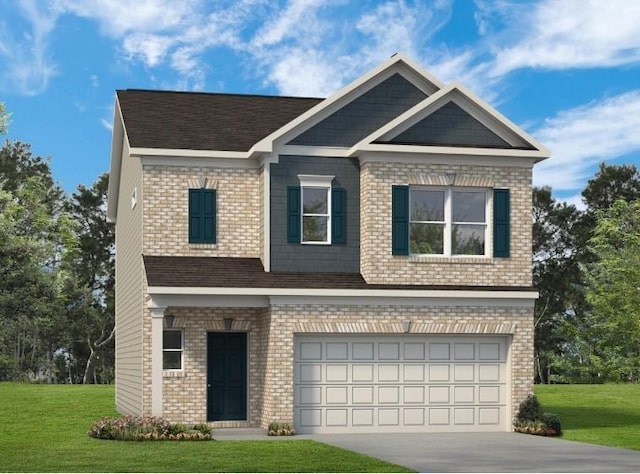 craftsman house featuring a garage, brick siding, concrete driveway, and a front yard