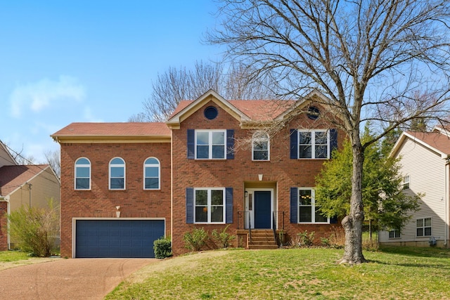 view of front facade featuring a garage, brick siding, concrete driveway, and a front yard