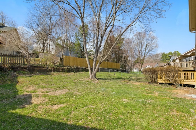 view of yard featuring fence and a wooden deck