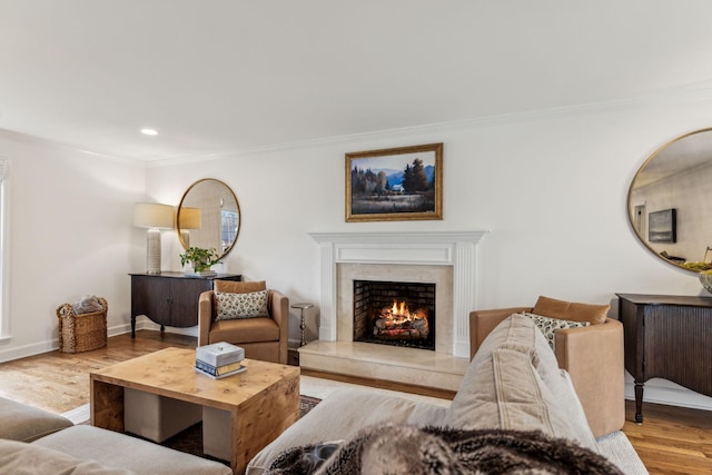 living area with baseboards, wood finished floors, a high end fireplace, and ornamental molding