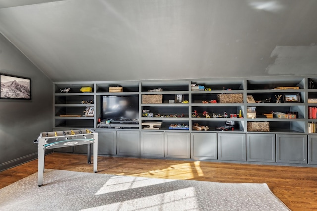 interior space with wood finished floors and vaulted ceiling