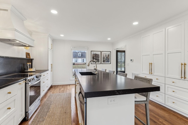 kitchen with premium range hood, a kitchen island with sink, electric stove, a sink, and dark countertops