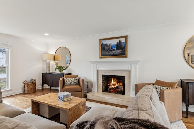 living area featuring crown molding, wood finished floors, baseboards, and a high end fireplace