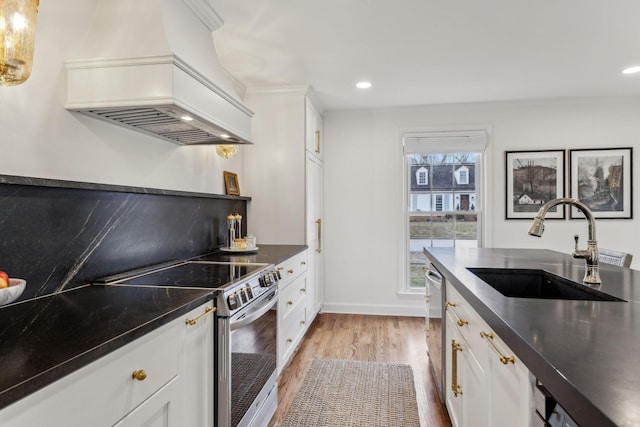 kitchen featuring plenty of natural light, stainless steel appliances, custom range hood, and a sink