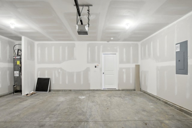 garage featuring water heater, electric panel, and a garage door opener