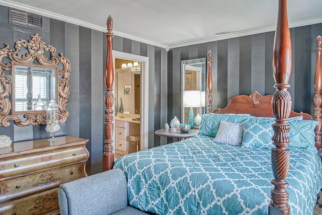 bedroom with visible vents, ensuite bath, and ornamental molding