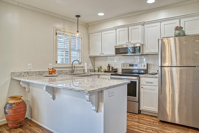 kitchen with dark wood-style flooring, appliances with stainless steel finishes, a peninsula, and a sink