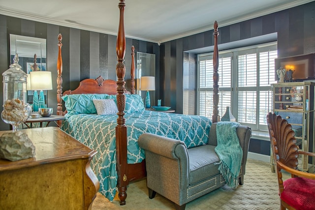 carpeted bedroom featuring baseboards and ornamental molding