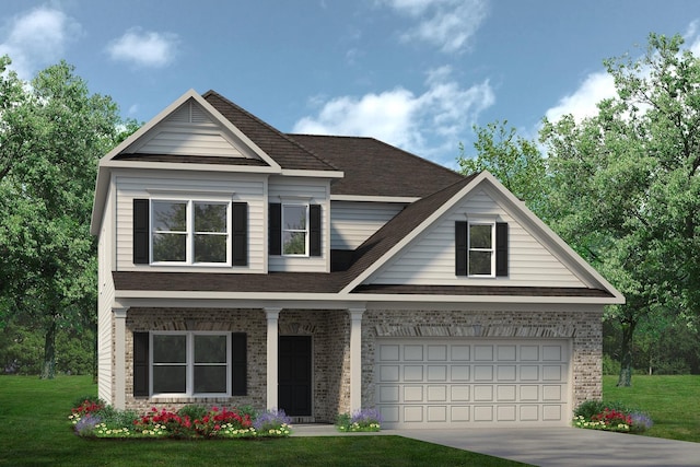 view of front of home with brick siding, driveway, a shingled roof, and a front lawn