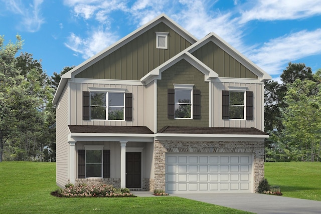 craftsman-style home featuring a garage, board and batten siding, driveway, and a front yard