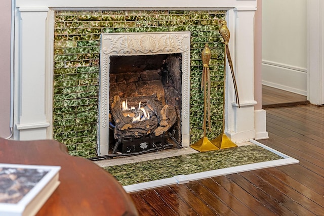 details featuring a fireplace with flush hearth and wood finished floors