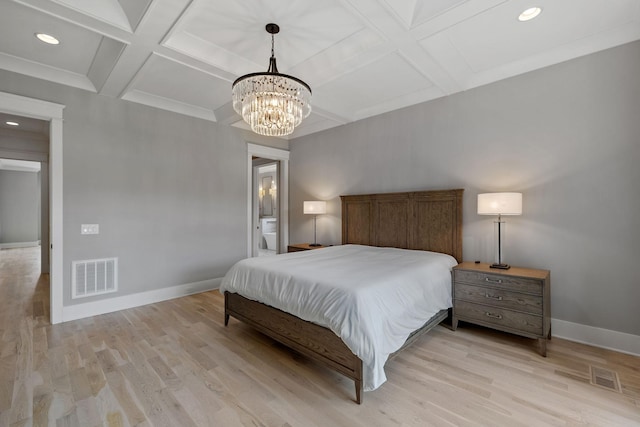 bedroom with visible vents, baseboards, coffered ceiling, and light wood finished floors