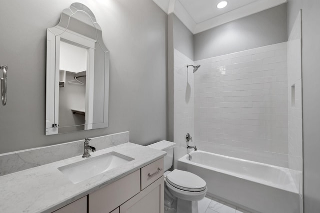 bathroom featuring toilet, shower / bath combination, recessed lighting, marble finish floor, and vanity