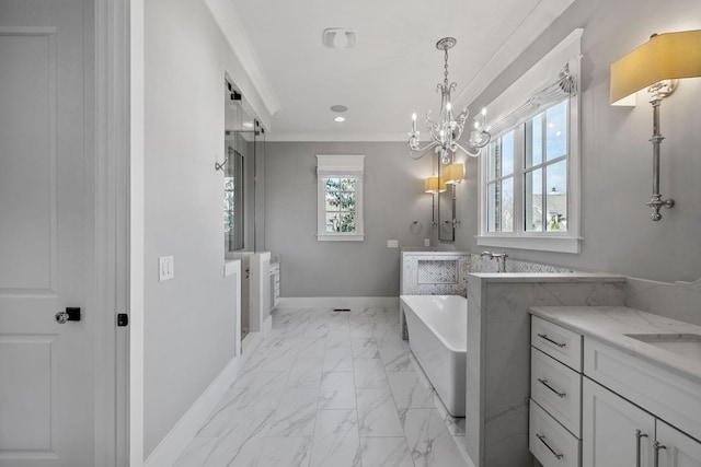 full bathroom with plenty of natural light, two vanities, marble finish floor, and crown molding