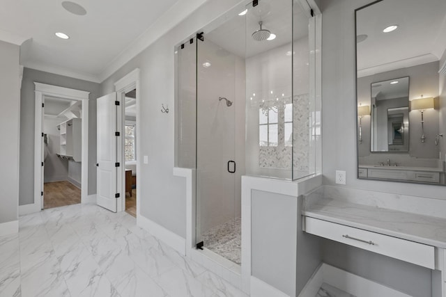 bathroom with baseboards, recessed lighting, ornamental molding, a shower stall, and marble finish floor