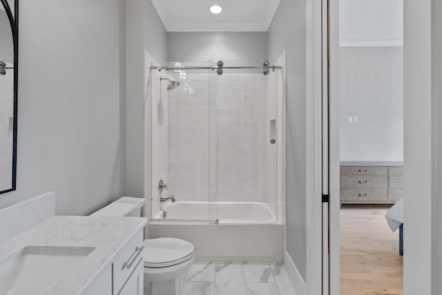 bathroom with vanity, recessed lighting, shower / tub combination, toilet, and marble finish floor