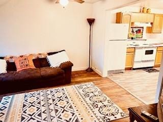 living area with a ceiling fan and wood finished floors