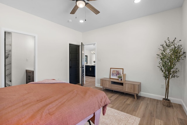 bedroom with baseboards, recessed lighting, ceiling fan, light wood-type flooring, and connected bathroom