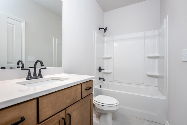 bathroom with vanity, toilet, washtub / shower combination, and tile patterned flooring