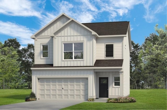 modern farmhouse featuring roof with shingles, a front lawn, concrete driveway, a garage, and board and batten siding