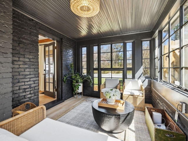 sunroom with wooden ceiling