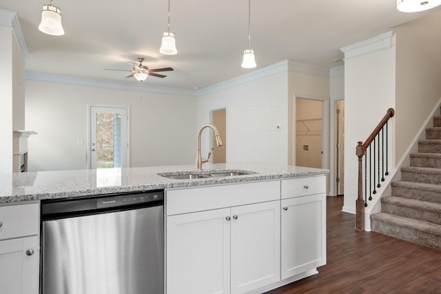 kitchen with stainless steel dishwasher, crown molding, ceiling fan, and a sink