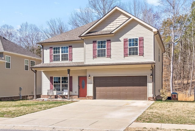 view of front of property featuring a shingled roof, a front yard, covered porch, driveway, and an attached garage