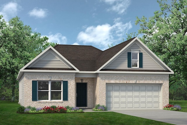 view of front of house featuring driveway, brick siding, and a front yard