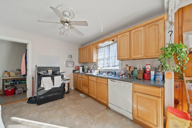 kitchen with a ceiling fan, white dishwasher, light brown cabinetry, dark countertops, and black electric range oven