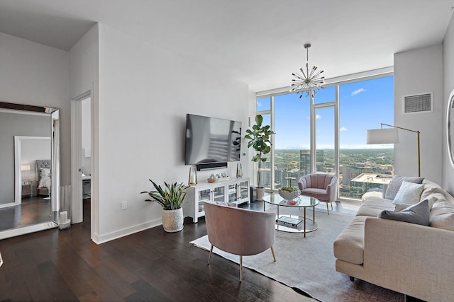 515 Church St Unit 3408, Nashville, TN 37219 - living area featuring visible vents, baseboards, dark wood finished floors, a chandelier, and a wall of windows
