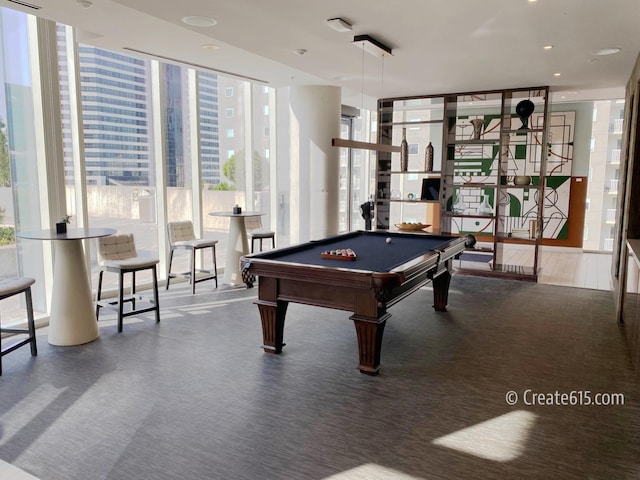 515 Church St Unit 3408, Nashville, TN 37219 - game room featuring carpet flooring, a wall of windows, and billiards