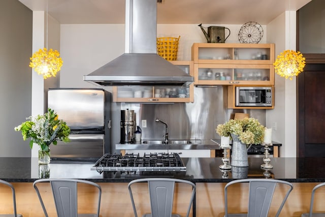 kitchen featuring a sink, glass insert cabinets, stainless steel appliances, and island range hood