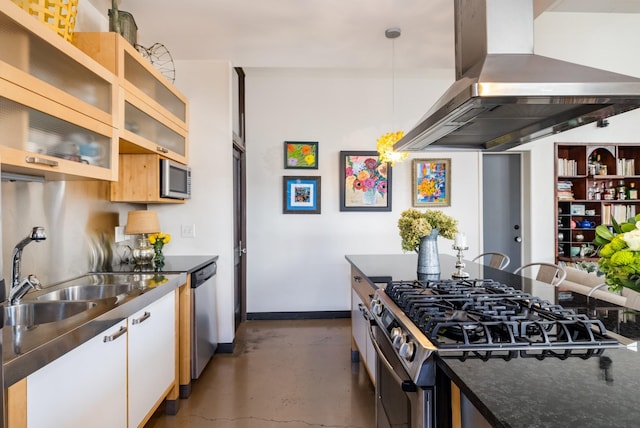 kitchen with a sink, white cabinetry, ventilation hood, appliances with stainless steel finishes, and concrete flooring