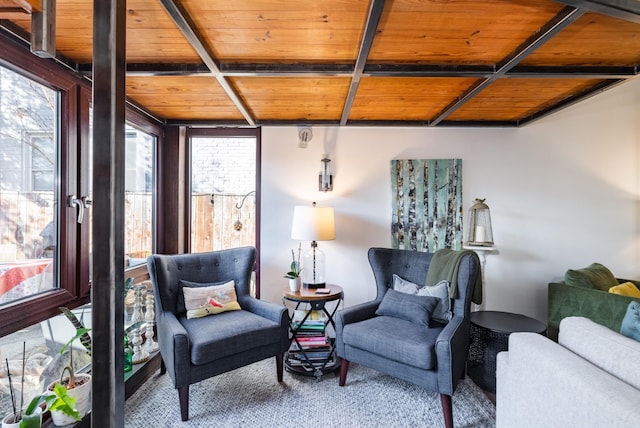 interior space featuring beam ceiling and wooden ceiling