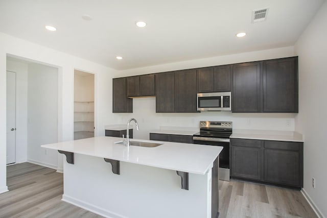 kitchen featuring visible vents, light wood-style flooring, a sink, a kitchen breakfast bar, and appliances with stainless steel finishes