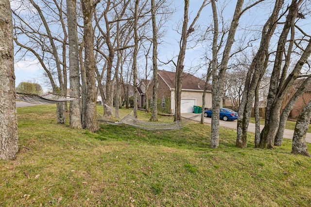 view of yard featuring driveway and an attached garage