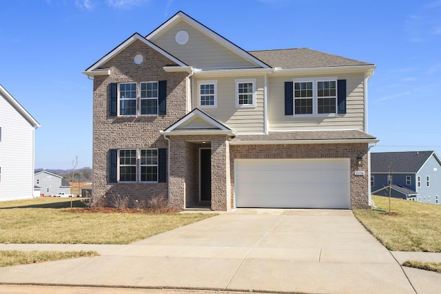 view of front of house featuring concrete driveway, an attached garage, brick siding, and a front lawn