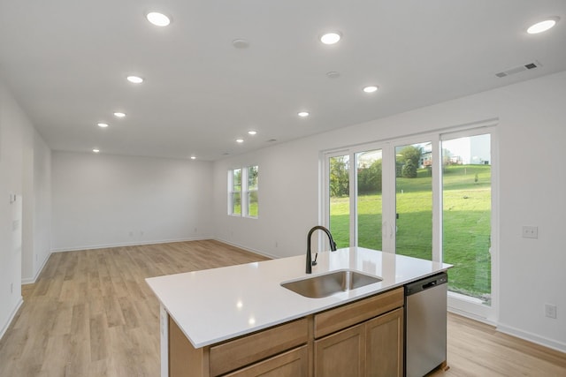 kitchen with visible vents, recessed lighting, a sink, light countertops, and stainless steel dishwasher