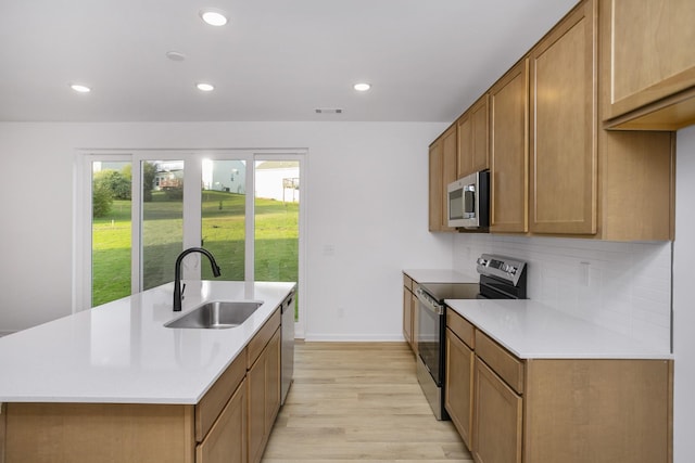 kitchen featuring decorative backsplash, light countertops, appliances with stainless steel finishes, and a sink