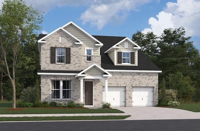 craftsman-style home with concrete driveway, an attached garage, and brick siding