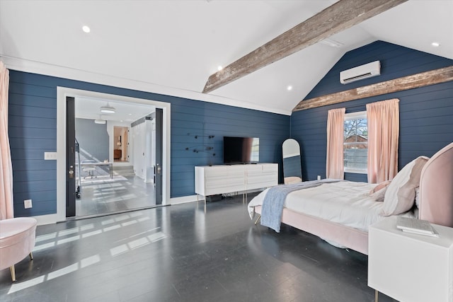 bedroom featuring vaulted ceiling with beams and a wall mounted air conditioner