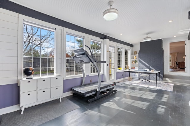 exercise room featuring recessed lighting, french doors, and baseboards